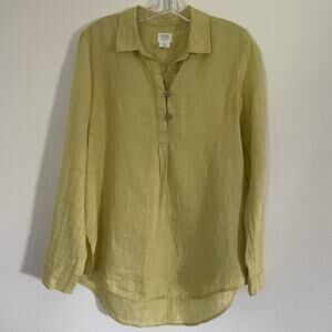 Sigrid Olsen Linen Tunic Shirt Top Yellow Button Front Roll Tab Sleeve Women SM